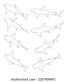 Se establece con contornos de un tiburón en diferentes posiciones de líneas negras aisladas en un fondo blanco. Vista isométrica. Ilustración vectorial.