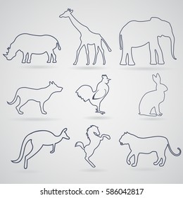A set of contours, silhouettes of animals rhinoceros, giraffe, elephant, dog, rooster or chicken, a hare or a rabbit, kangaroo, horse, tiger or panther, perhaps a lioness. 