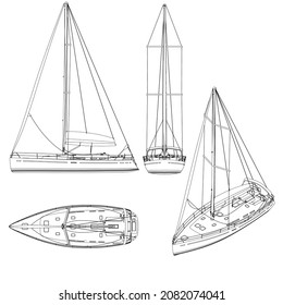 Set with the contours of a small yacht with a sail of black lines isolated on a white background. Front view, isometric, side, top. Vector illustration