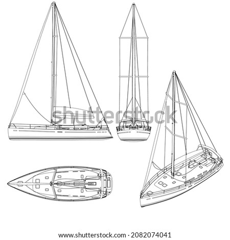 Set with the contours of a small yacht with a sail of black lines isolated on a white background. Front view, isometric, side, top. Vector illustration