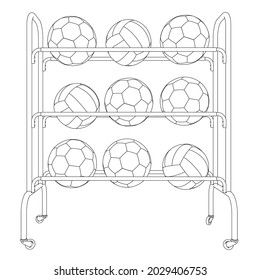 Set with contours of soccer and volleyball balls lying on a rack of black lines isolated on a white background. Front view. Vector illustration