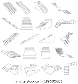 Set with contours of stairs of different types isolated on white background. Vector illustration