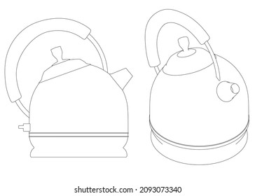 Set with the contours of the teapot from black lines Isolated on white background. Side view, isometric. Vector illustration