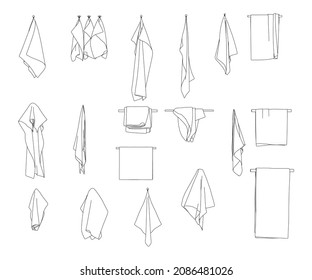 Set with contours of towels hanging on a hanger from black lines isolated on a white background. Front view. Vector illustration