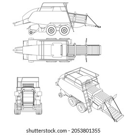 Set with contours of a trailer for a combine harvester from black lines Isolated on a white background. Front, side, top, isometric view. 3D. Vector illustration