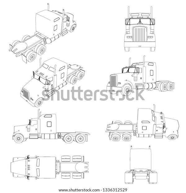 Set with the contours of\
the truck without a trailer in different positions. The contour of\
the truck front, side, rear view, isometric. Vector\
illustration