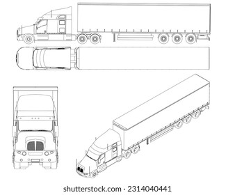 Se monta con contornos de camiones con vagones de líneas negras Aislados sobre fondo blanco. Vista frontal, lateral, superior, isométrica. Ilustración vectorial.