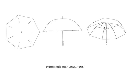 Set with contours of umbrella from black lines isolated on white background. Top, side, bottom view. Vector illustration