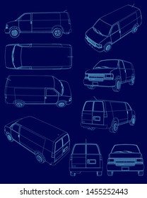 Set with contours of the van. Outline of vans with different types. Vector illustration