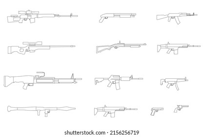 Está rodeado de contornos de varias armas de líneas negras aisladas en un fondo blanco. Cañones, lanzagranadas, fusiles, pistolas. Ilustración vectorial.
