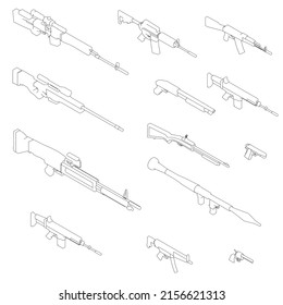 Set with contours of various weapons from black lines isolated on a white background. Machine guns, grenade launcher, rifle, pistols. Isometric view. Vector illustration.