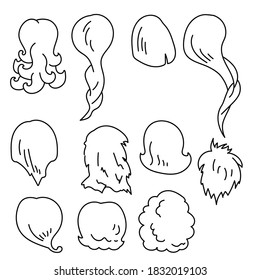 A Set Of Contours Of Various Women's Hairstyles With Straight Hair, Braided And Curly Hair, Vector Outline Illustration For Design And Creativity