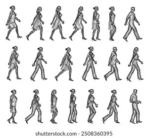 Set with contours of walking people from black lines isolated on white background. Men and women walking. Side view. Vector illustration.