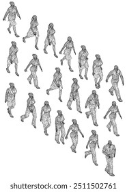 Set with contours of walking people from black lines isolated on white background. Men and women walking. Vector illustration.