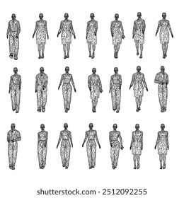 Set with contours of walking people from black lines isolated on white background. Men and women walking. Vector illustration.