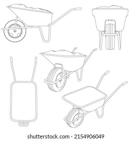 Fijado con contornos de carretilla sobre dos ruedas para el transporte manual de mercancías de diferentes tipos. Vista isométrica, lateral, frontal, posterior, inferior. Ilustración vectorial.