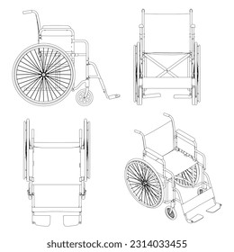 Equipado con contornos de sillas de ruedas aisladas en un fondo blanco. Vista isométrica, frontal, superior, lateral. Ilustración vectorial.