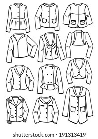 Set of contours of women's jackets isolated on white background