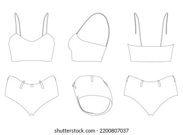 Set with contours of a women's top with short shorts from black lines isolated on a white background. Front, side, back view. Vector illustration.