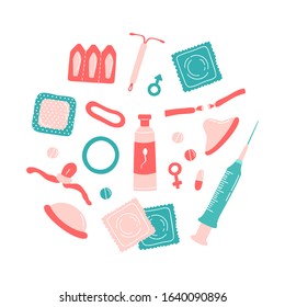 Set of contraception methods items - contraceptive patch, hormonal ring, intrauterine device, injection, pills, diaphragm, male condom, spermicides, surgical sterilization, emergency contraceptive. 