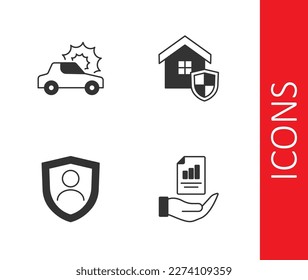 Set Contract in hand, Car insurance, Life with shield and House icon. Vector