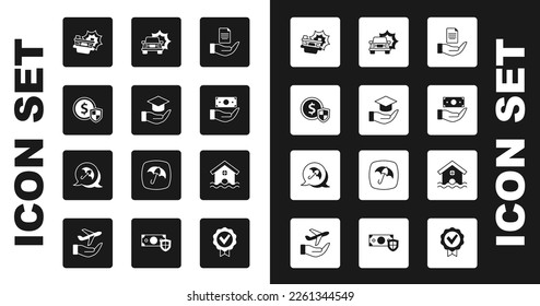 Set Contract in hand, Education grant, Money with shield, Car accident, House flood and Umbrella icon. Vector