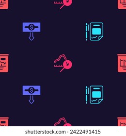 Set Contract money and pen, Dollar rate decrease, Global economic crisis and Pie chart infographic on seamless pattern. Vector