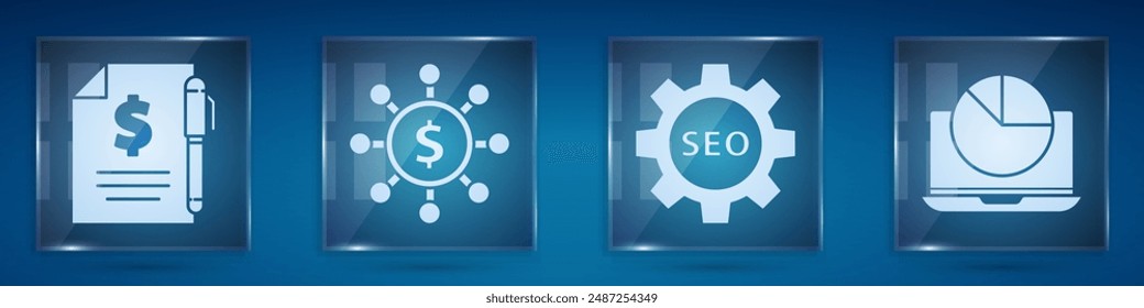 Contrata dinero y bolígrafo, Dólar, compartir, red, etiqueta Seo con rueda de engranaje y portátil con gráfico gráfico. Paneles de vidrio cuadrado. Vector
