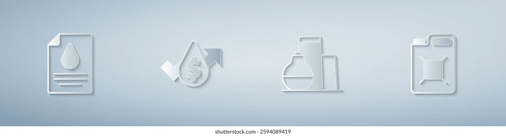 Set Contract money and pen, Oil price increase, tank storage and Canister for gasoline. Paper art style. Vector