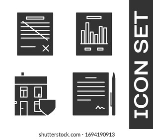 Set Contract with pen, Delete file document, House with shield and Document with graph chart icon. Vector