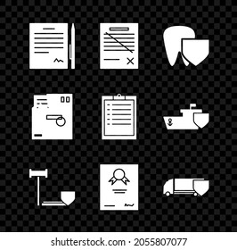 Set Contract with pen, Delete file document, Tooth shield, Judge gavel, Certificate template, Delivery cargo truck, Ordered envelope and Clipboard checklist icon. Vector