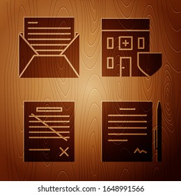 Vertrag mit Stift, Post und E-Mail, Löschen Sie Datei-Dokument und medizinisches Krankenhaus Gebäude mit Schild auf Holzhintergrund. Vektorillustration