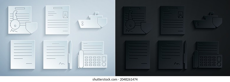 Set Contract with pen, Ship shield, Document, Fax machine, Personal document and key icon. Vector