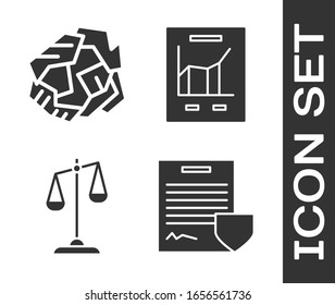 Set Contract with shield, Crumpled paper ball, Scales of justice and Document with graph chart icon. Vector