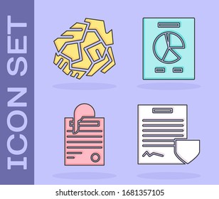 Set Contract with shield, Crumpled paper ball, File document and paper clip and Document with graph chart icon. Vector
