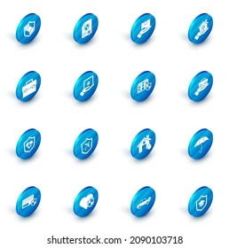 Set Contract with shield, Delivery insurance, House hand, Briefcase, Life, Safe, Hand holding briefcase and  icon. Vector