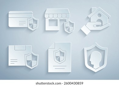 Set Contract with shield, House insurance, Delivery security, Life, Shopping building and Credit card icon. Vector