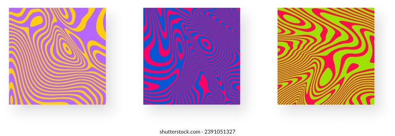 Set of contrast abstract poster designs with optical interference effect. Illusion of movement for banner, flier, invitation, cover, business card. Vector illustration