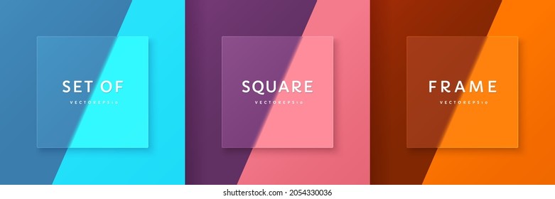 Set of contrast trendy color square frame design with copy space. Abstract 3D glass morphism geometric backdrop. Collection of  blue, pink, orange color background in Top view. Modern minimal style.