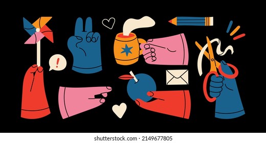 Set of contrasting hands with different gestures and positions. The limbs of the body hold objects. Cup with hot drink, apple, scissors with ribbon, windmill in hand. Isolated flat style stickers.