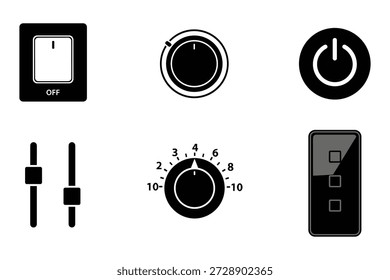 Conjunto de ícones de controle com um interruptor de ligar e desligar, botões rotativos, botão liga/desliga, controles deslizantes e uma ilustração vetorial de controle remoto.