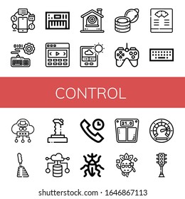 Set von Steuerungs-Symbolen. Automation, Tastatur, Slider, CTV, Thermometer, Global Server, Gamepad, Badezimmerskala, Cloud, Gearstick, Joystick, Cloud-Computing, Kontrollsymbole