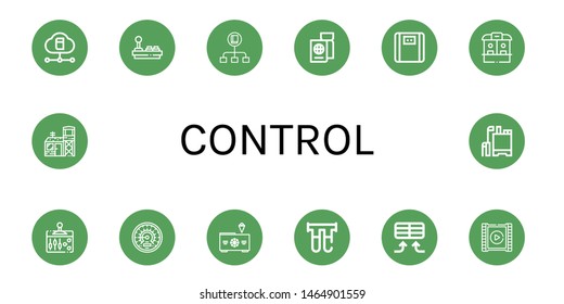 Set of control icons such as Cloud, Joystick, Flow, Passport, Bathroom scale, Ticket office, Lever, Barometer, Freezer, Filter, Air conditioner, Video player, Military base , control