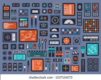 Set of control panel elements for spacecraft or technical industrial station. Vector illustration.