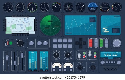 Un conjunto de Elementos de panel de control. Varios sensores de medición. Aeronave, rotonave, control de estación. Varios interruptores, Botones, dispositivos de medición. Ilustración vectorial