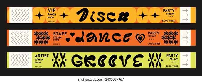 Set of control tickets mockup for parties, events, festivals, open-air, disco, raves, staff, artist, VIP. Collection of vector festival paper bracelet in a bold, groovy, funky, hippie, 60s, 70s style