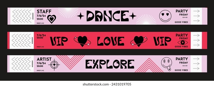 Conjunto de entradas de control de maqueta para fiestas, eventos, festivales, al aire libre, discoteca, raves, personal, artista, VIP. Colección de pulsera de papel del festival del vector en un estilo atrevido, groovy, funky, caricatura, rojo rosa