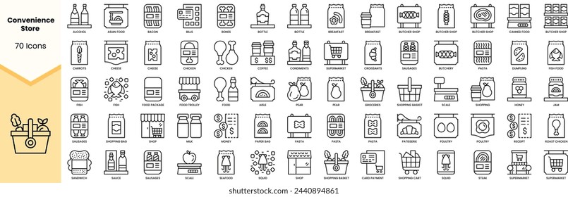 Eine Reihe von Icons für den Convenience Store. Einfache Line-Art-Stil-Symbole packen. Vektorgrafik