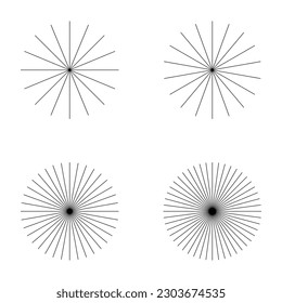 Set of converging radiating lines burst icon, geometric sunburst element, sun shape vector illustration .