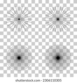 Set of converging radiating lines burst icon, geometric sunburst element, sun shape vector illustration .